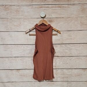 💟 Bozzolo Sleeveless High Neck Turtlw Neck Ribbed Brown Tank Top Large